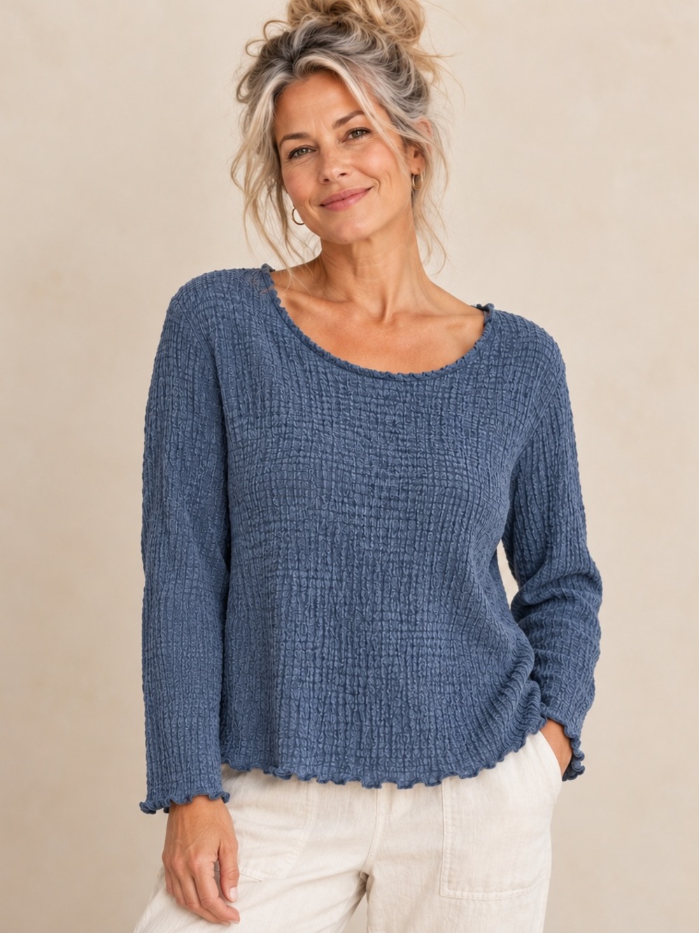 Blue Crinkle Textured Stretch Top